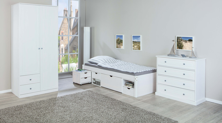 Ampio letto contenitore moderno e comodino con ruote in pino massello 
