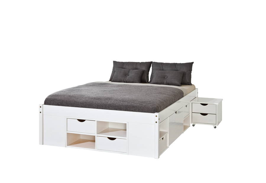 Letto per rete 140 x 200, in pino massello, verniciato bianco, con vani contenitore