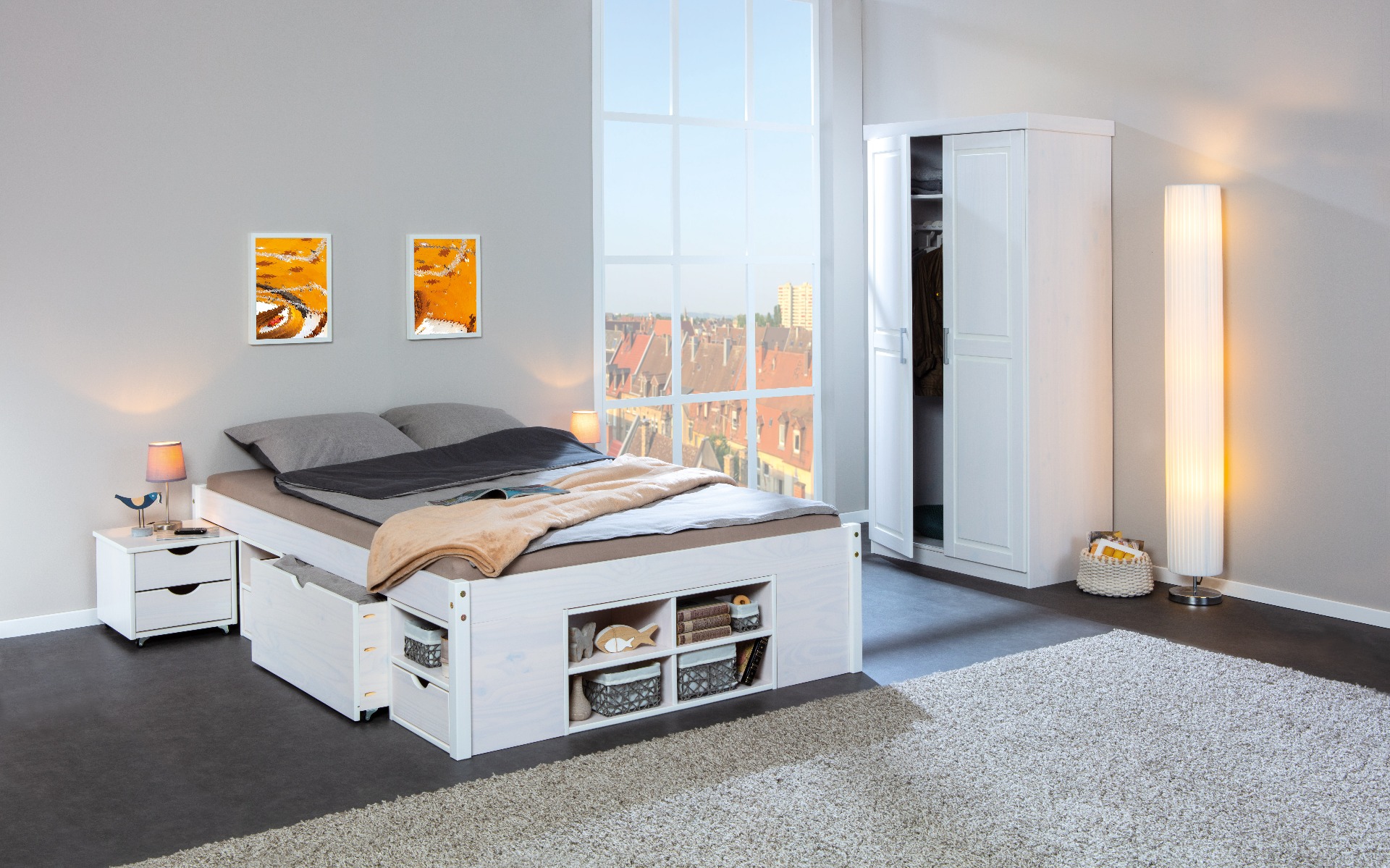 Letto per rete 140 x 200, in pino massello, verniciato bianco, con vani contenitore