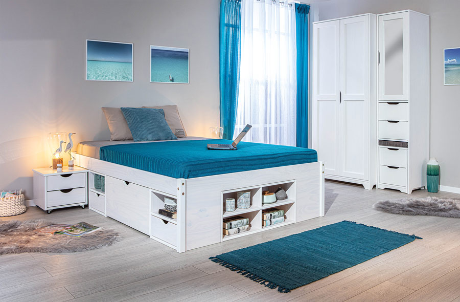 Letto per rete 140 x 200, in pino massello, verniciato bianco, con vani contenitore