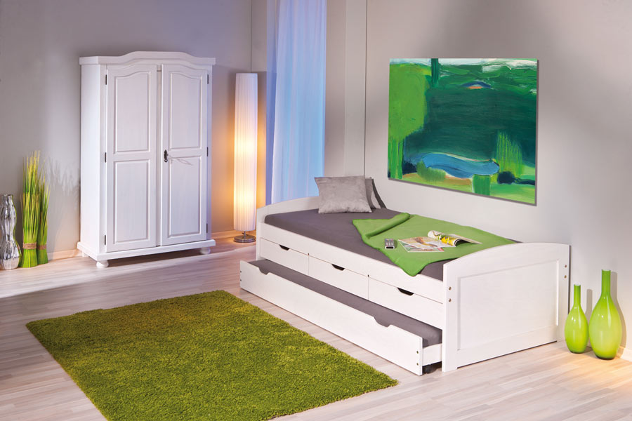 Letto in pino massello bianco o legno naturale con secondo letto e 3 cassetti