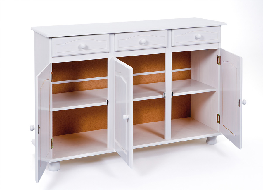 Credenza in legno massiccio a tre ante e tre cassetti / bianco