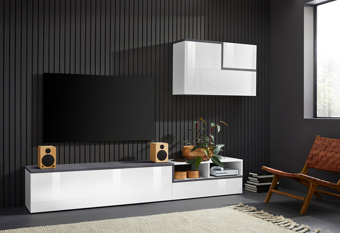 Mobile porta tv, parete attrezzata in finitura Bianco lucido e Ardesia