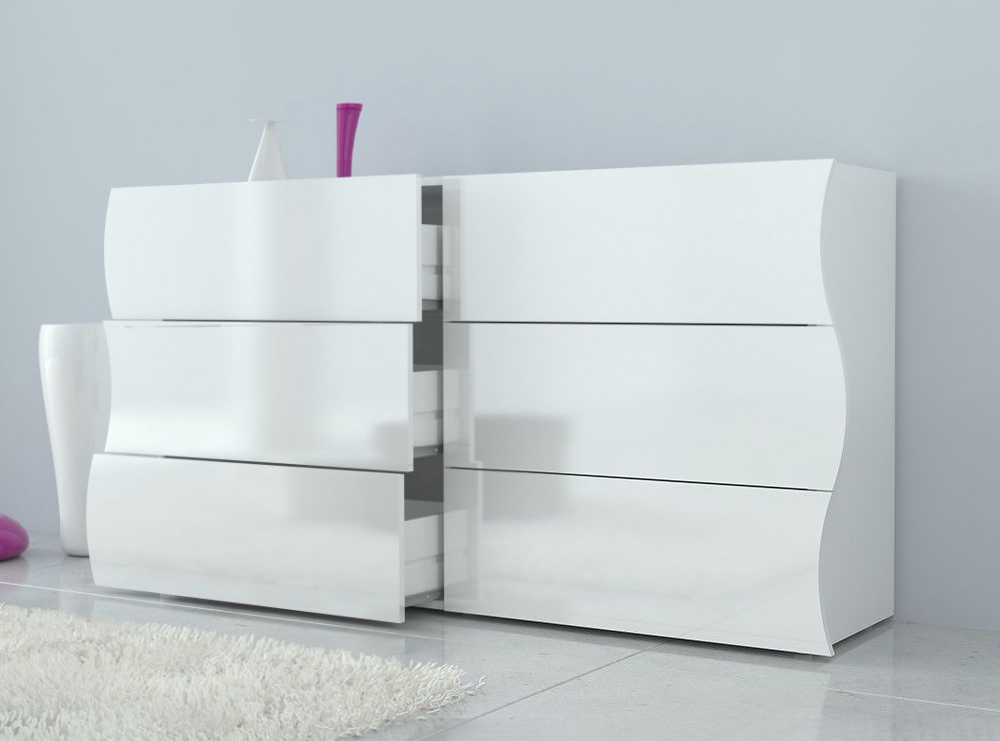 Comò 6 cassetti sagomati in finitura antracite laccato lucido, linea onda