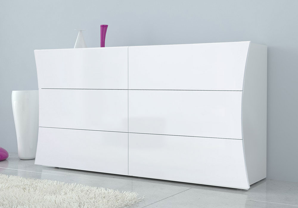 Comò 6 cassetti grande in finitura bianco laccato lucido, linea arco