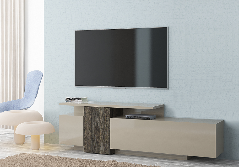 Porta TV moderno, sabbia e rovere scuro 