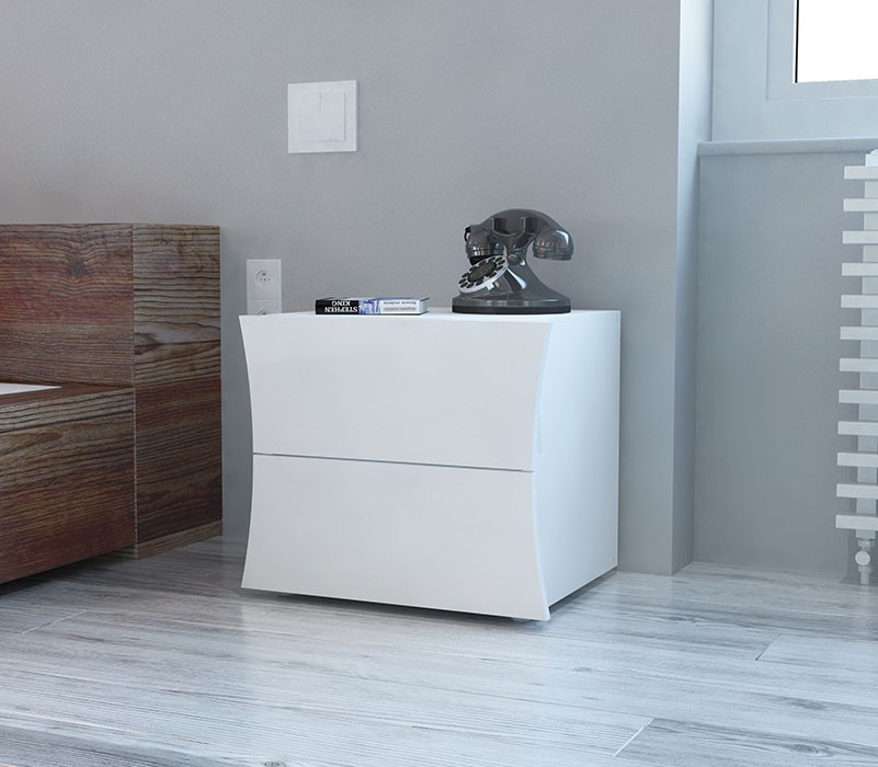 Moderno Comodino di design a 2 cassetti sagomati, bianco lucido, linea arco