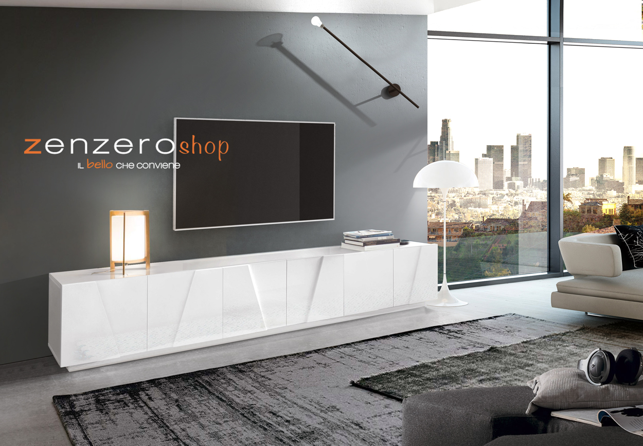 Conveniente Mobile porta tv 6 ante con disegni geometrici in finitura Bianco lucido