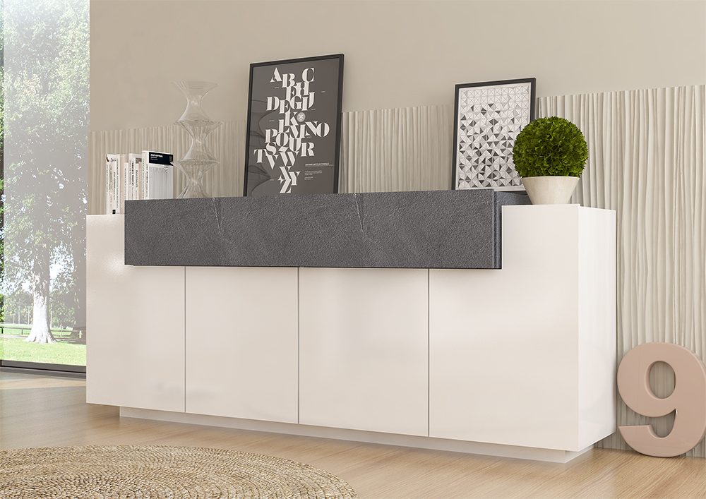 Madia moderna di design 4 ante bianca lucida con cassetto ardesia