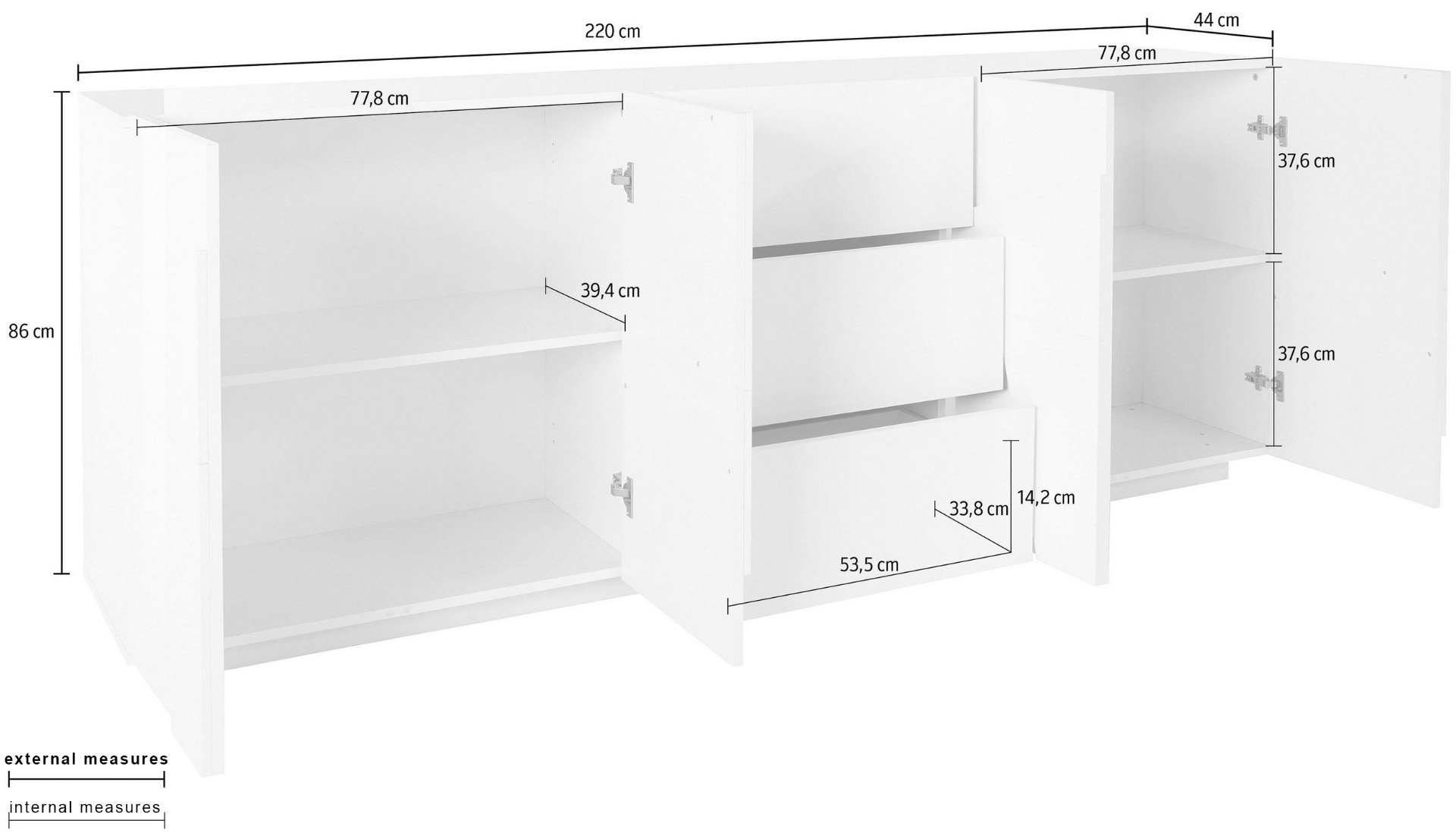 Madia moderna con 4 ante e 3 cassetti in finitura Beton