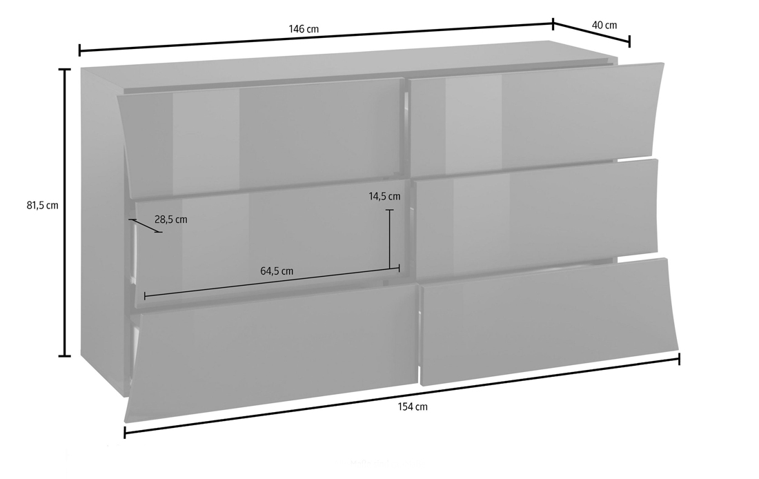 Comò 6 cassetti grande in finitura bianco laccato lucido, linea arco