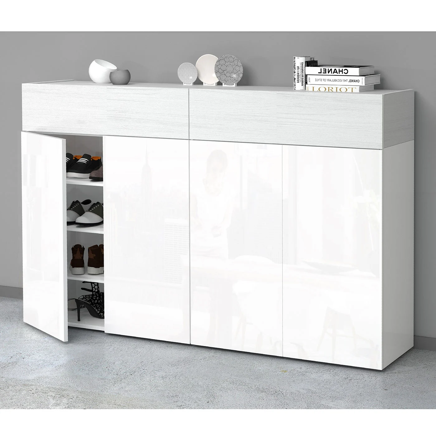 Scarpiera con 4 ante e 2 ribalte, Bianco laccato lucido e Bianco larice