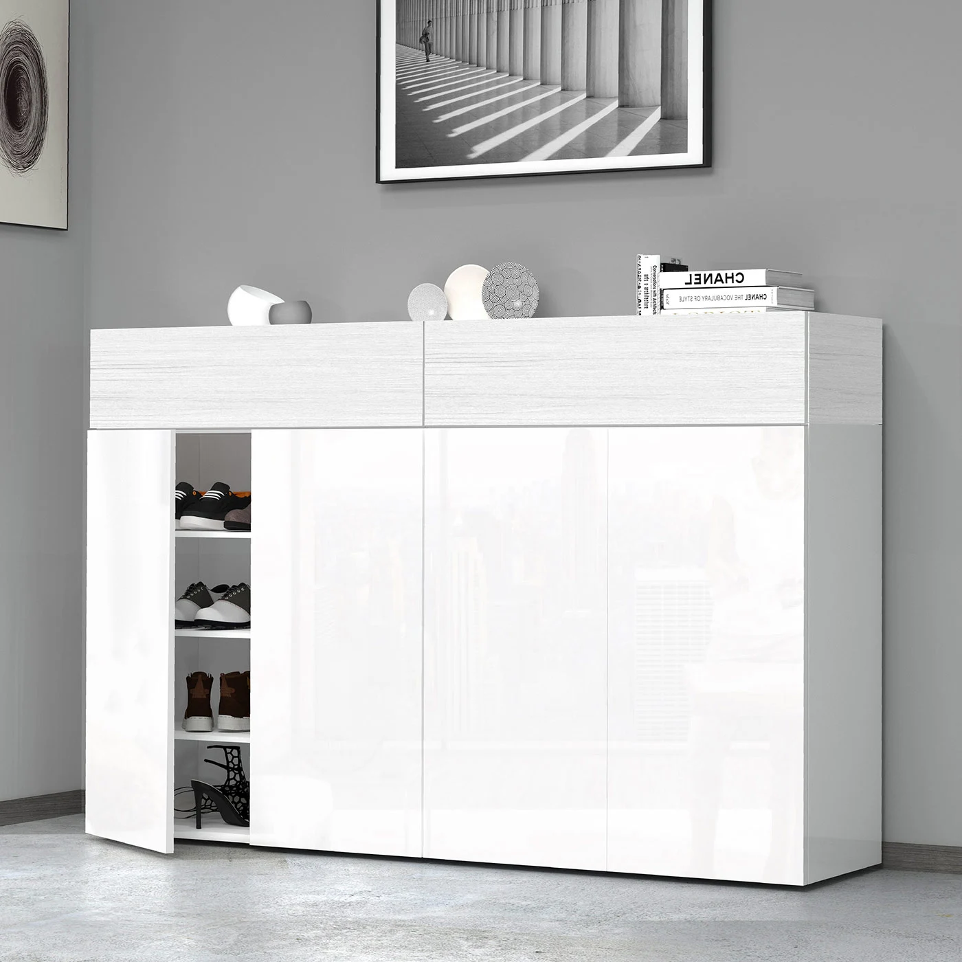 Scarpiera con 4 ante e 2 ribalte, Bianco laccato lucido e Bianco larice