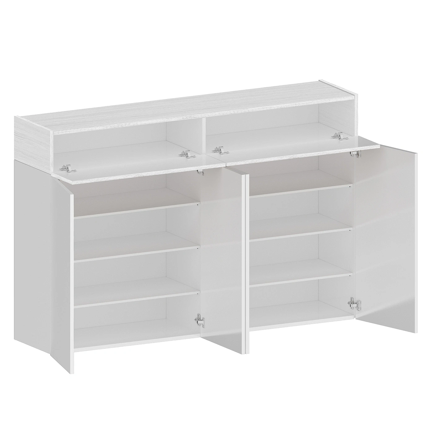 Scarpiera con 4 ante e 2 ribalte, Bianco laccato lucido e Bianco larice