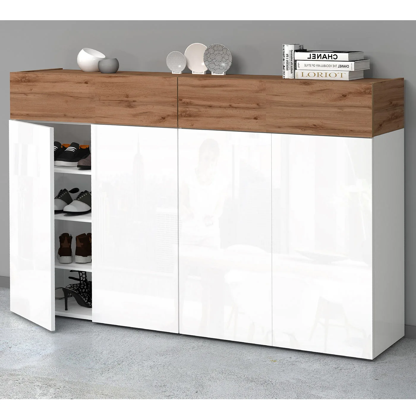 Scarpiera con 4 ante e 2 ribalte, Bianco laccato lucido e Rovere wotan