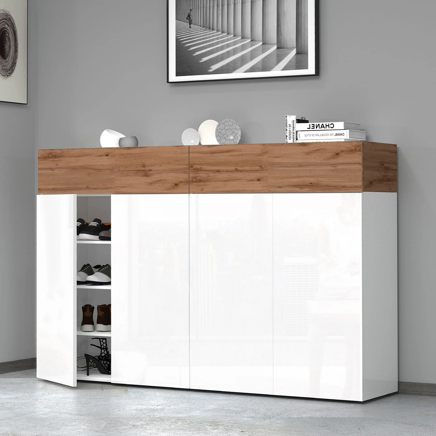 Scarpiera con 4 ante e 2 ribalte, Bianco laccato lucido e Rovere wotan