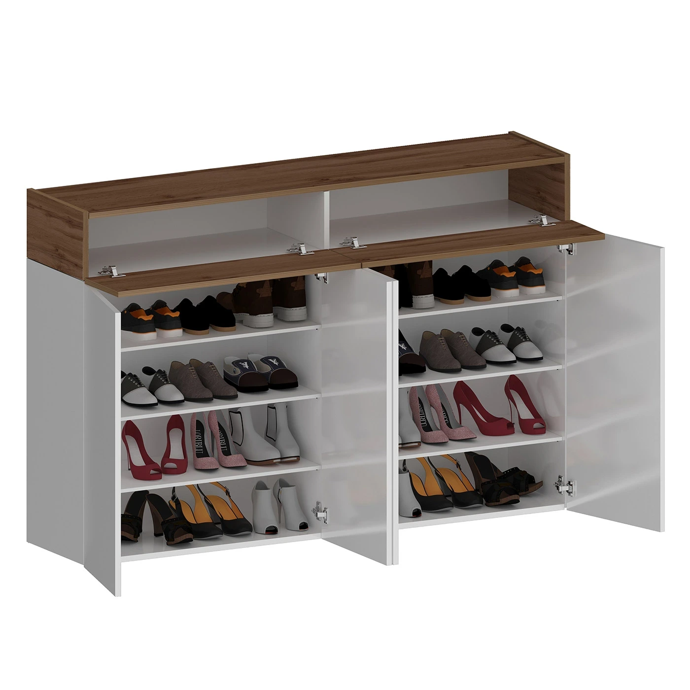 Scarpiera con 4 ante e 2 ribalte, Bianco laccato lucido e Rovere wotan