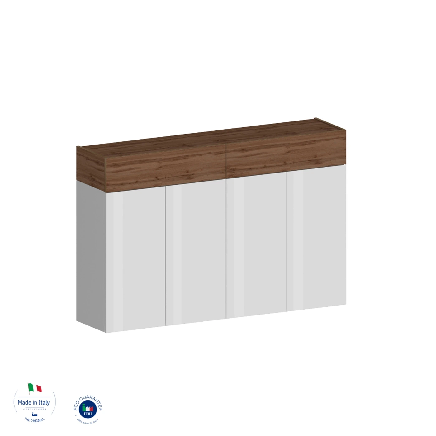 Scarpiera con 4 ante e 2 ribalte, Bianco laccato lucido e Rovere wotan