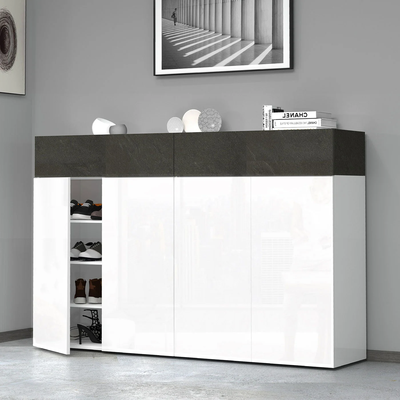 Scarpiera con 4 ante e 2 ribalte, Bianco laccato lucido e Ardesia