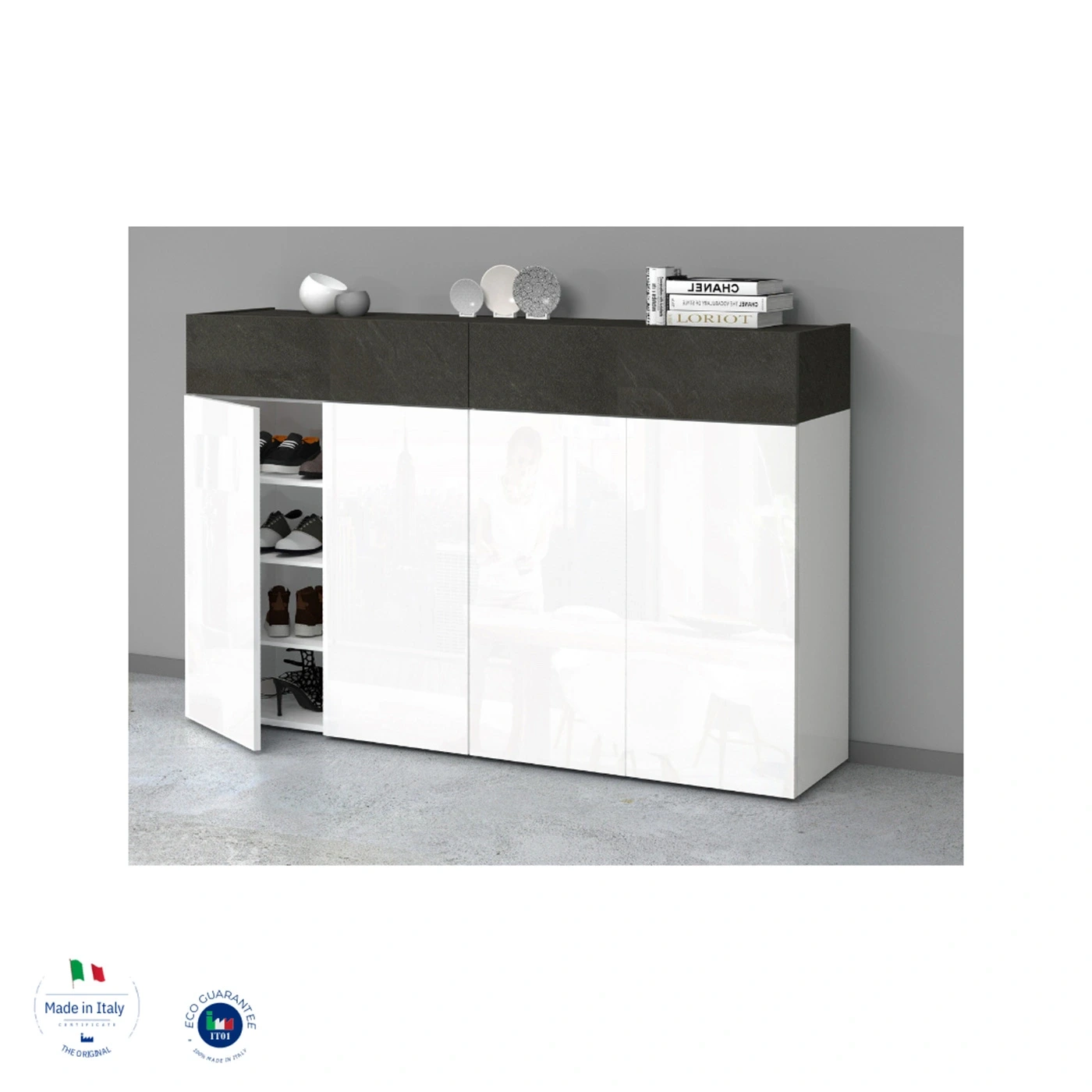 Scarpiera con 4 ante e 2 ribalte, Bianco laccato lucido e Ardesia