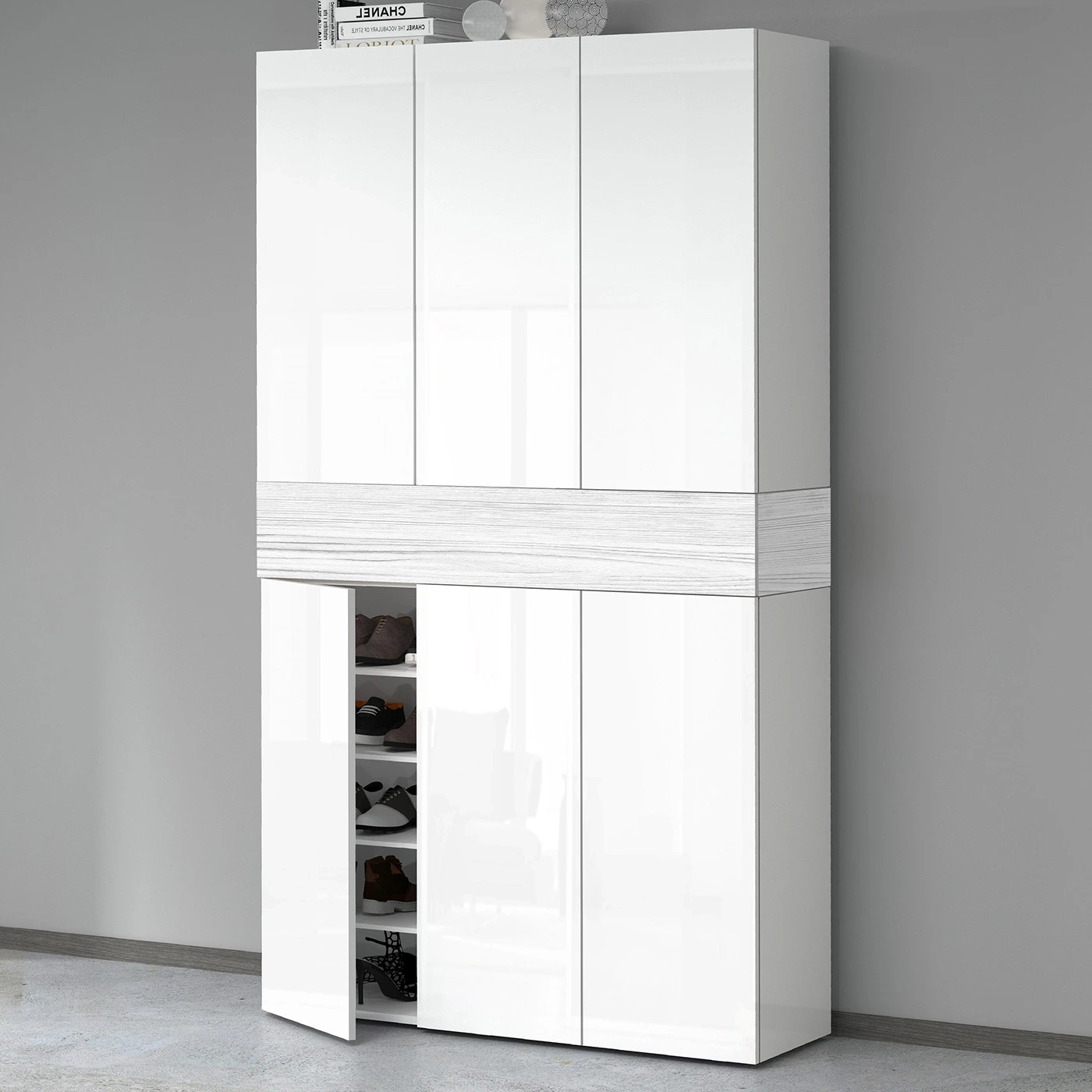 Armadio scarpiera a 6 ante con 1 ribalta, Bianco laccato lucido e Bianco larice