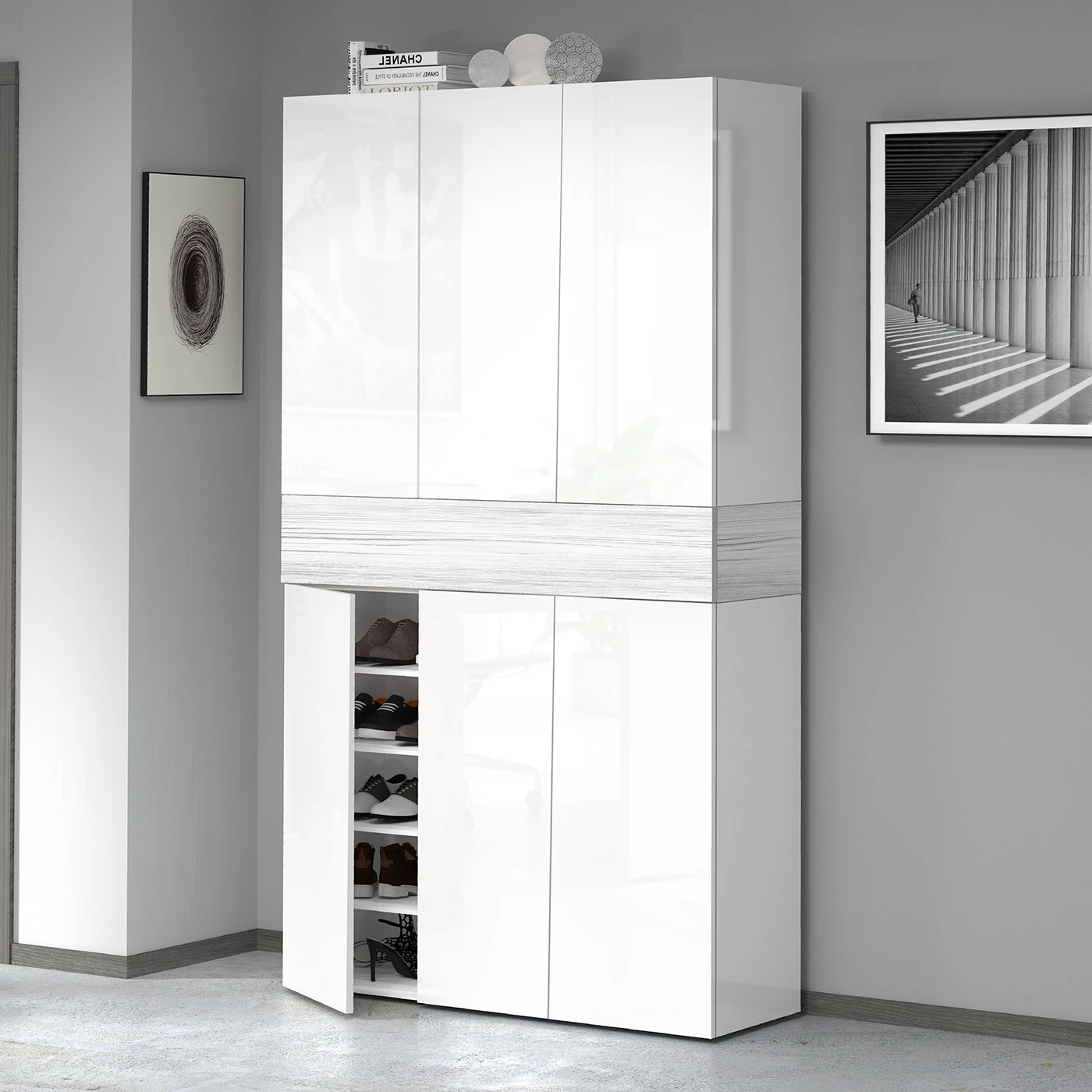 Armadio scarpiera a 6 ante con 1 ribalta, Bianco laccato lucido e Bianco larice