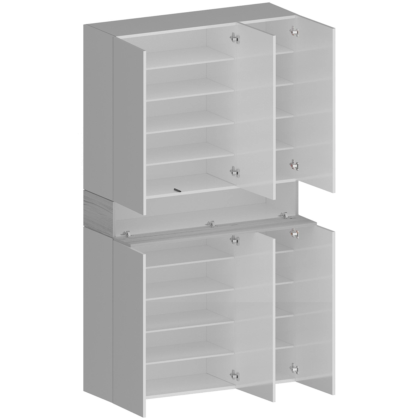 Armadio scarpiera a 6 ante con 1 ribalta, Bianco laccato lucido e Bianco larice