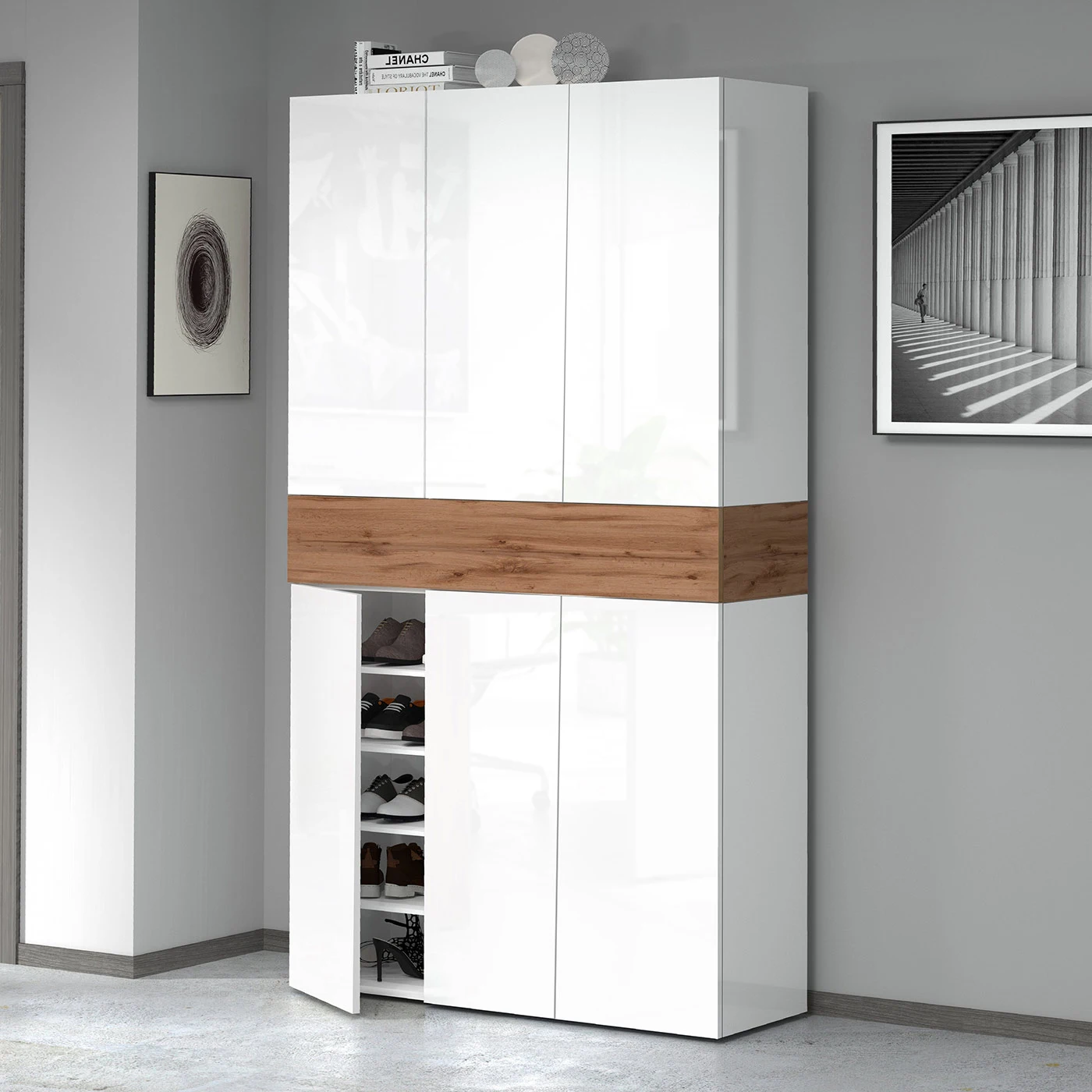 Armadio scarpiera a 6 ante con 1 ribalta, Bianco laccato lucido e Rovere wotan