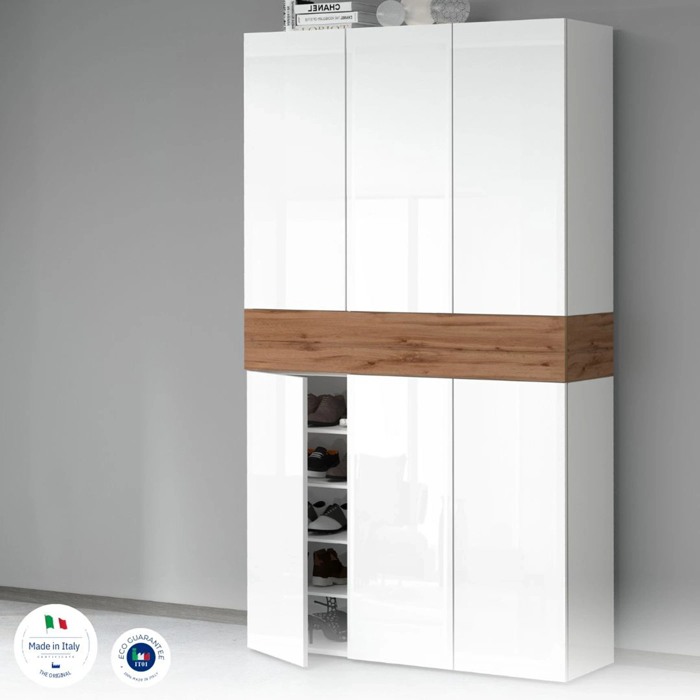 Armadio scarpiera a 6 ante con 1 ribalta, Bianco laccato lucido e Rovere wotan