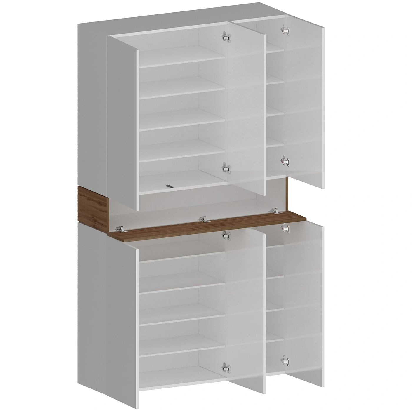 Armadio scarpiera a 6 ante con 1 ribalta, Bianco laccato lucido e Rovere wotan