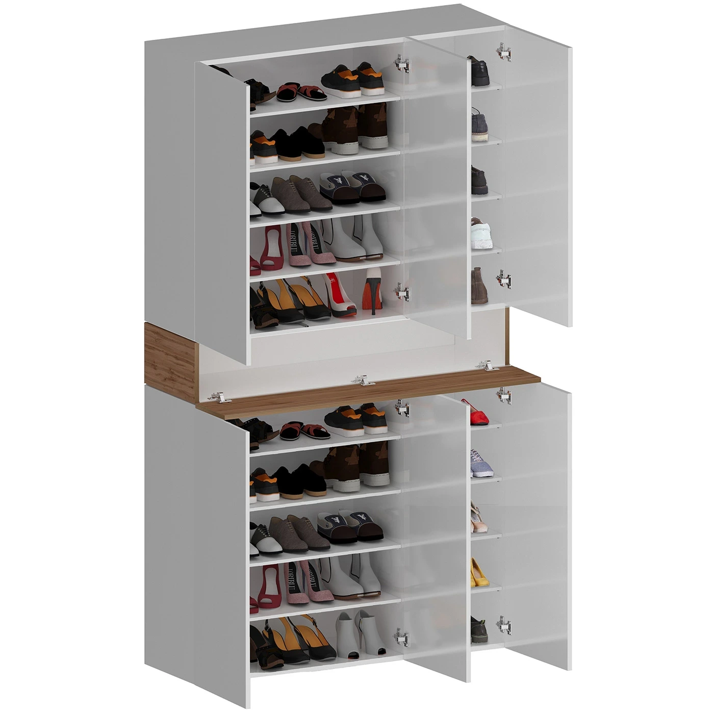 Armadio scarpiera a 6 ante con 1 ribalta, Bianco laccato lucido e Rovere wotan