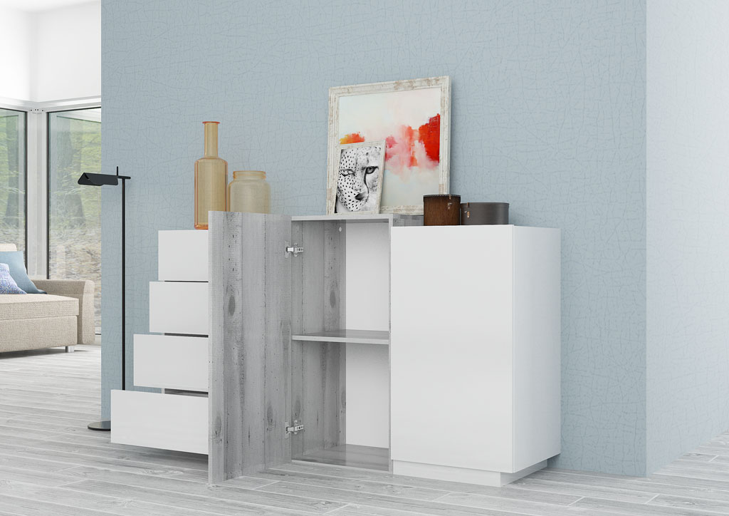 Conveniente Madia 2 ante e 4 cassetti, finitura Bianco lucido e Cemento