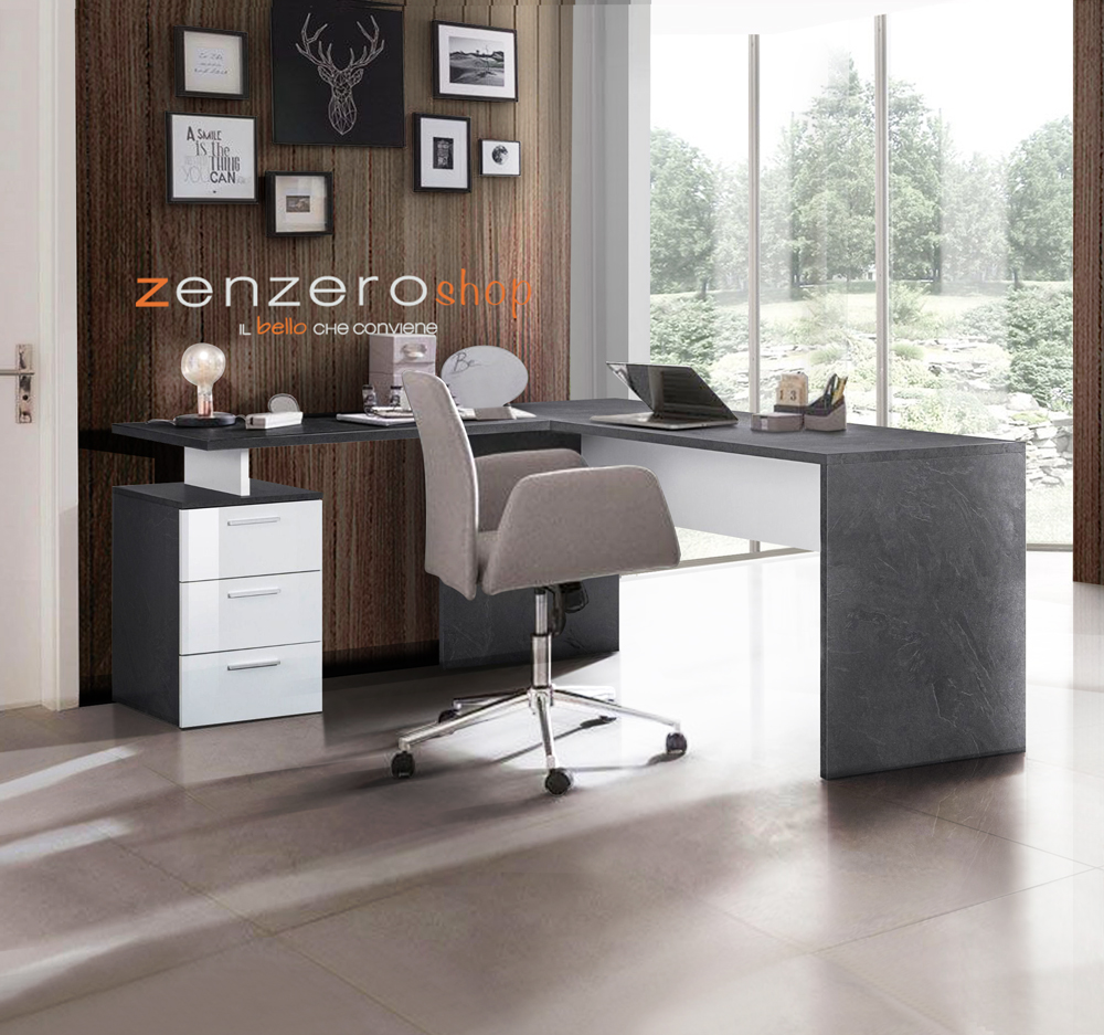 Capiente Scrivania moderna ad angolo con cassettiera in finitura Antracite e Bianco lucido 