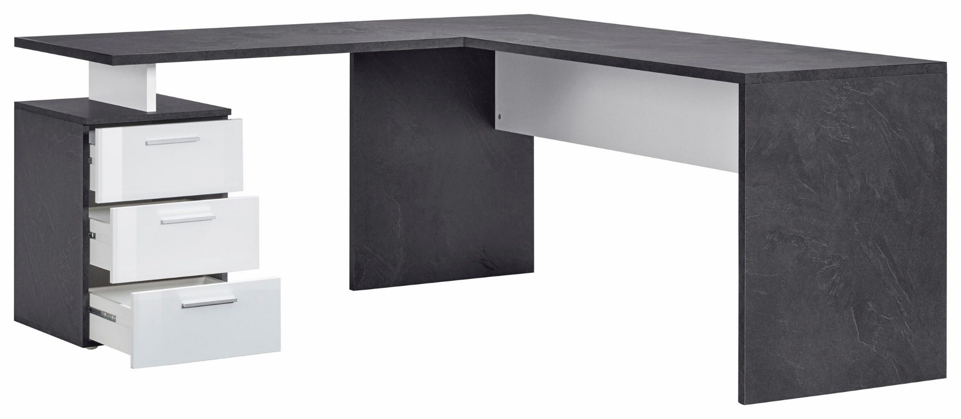 Scrivania moderna ad angolo con cassettiera in finitura Antracite e Bianco lucido 