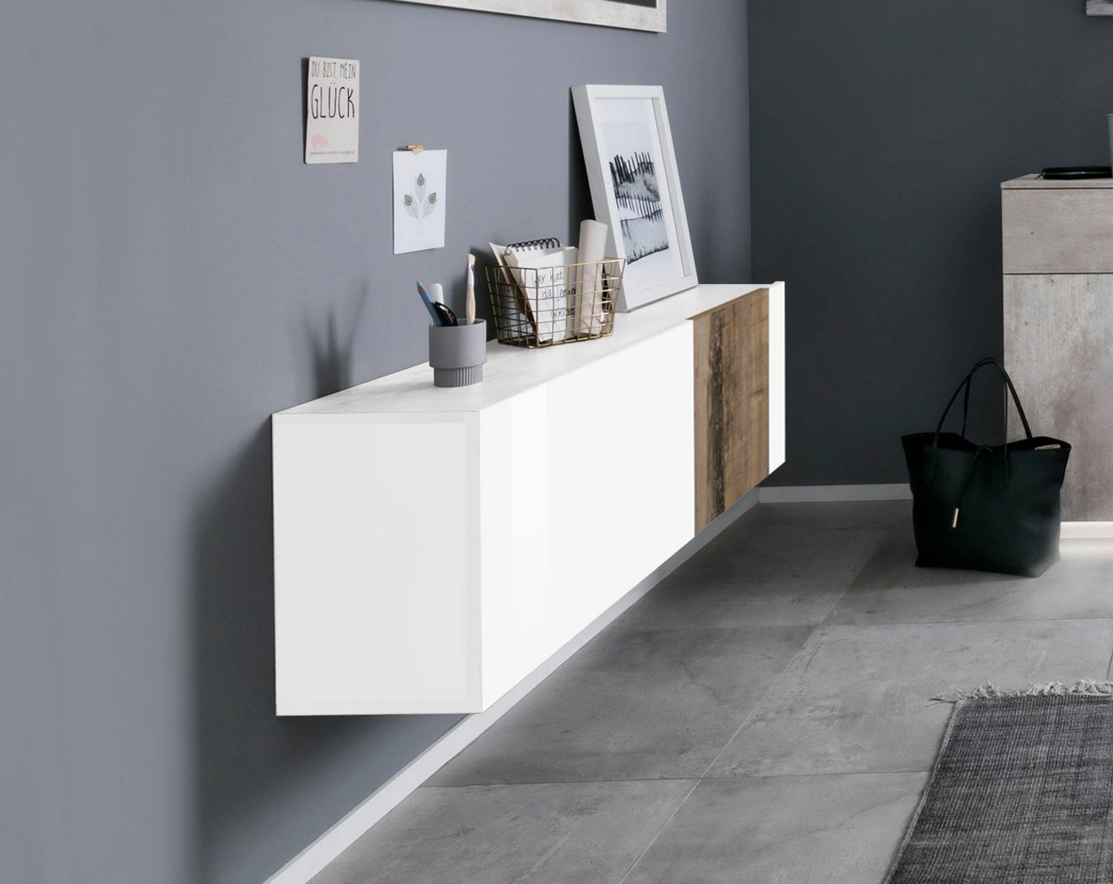 Scarpiera singola, design orizzontale e moderno, finitura Bianco Lucido e Pero