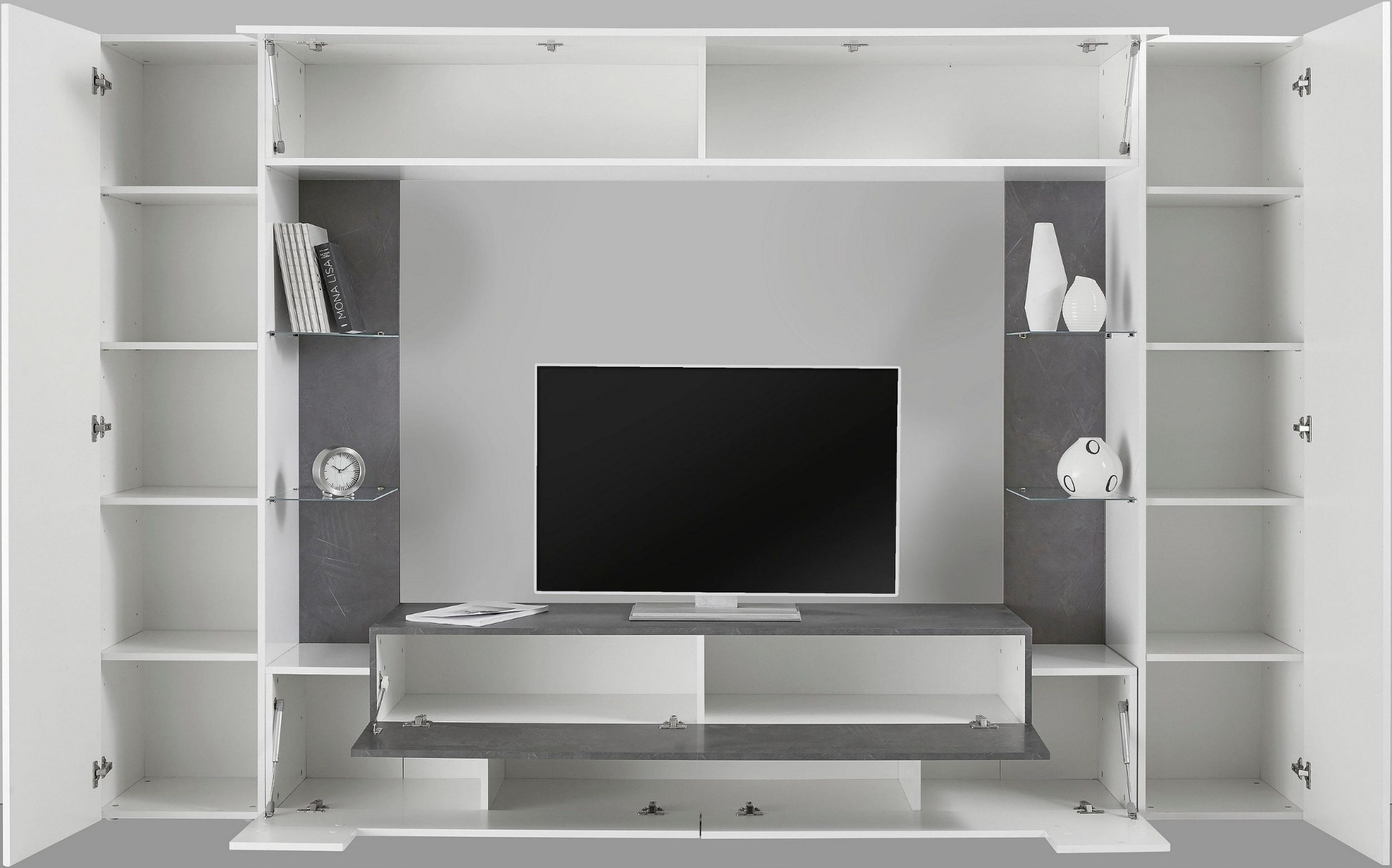 Parete attrezzata moderna, con pensile vasistas, mensole in vetro, finitura bianco lucido e ardesia