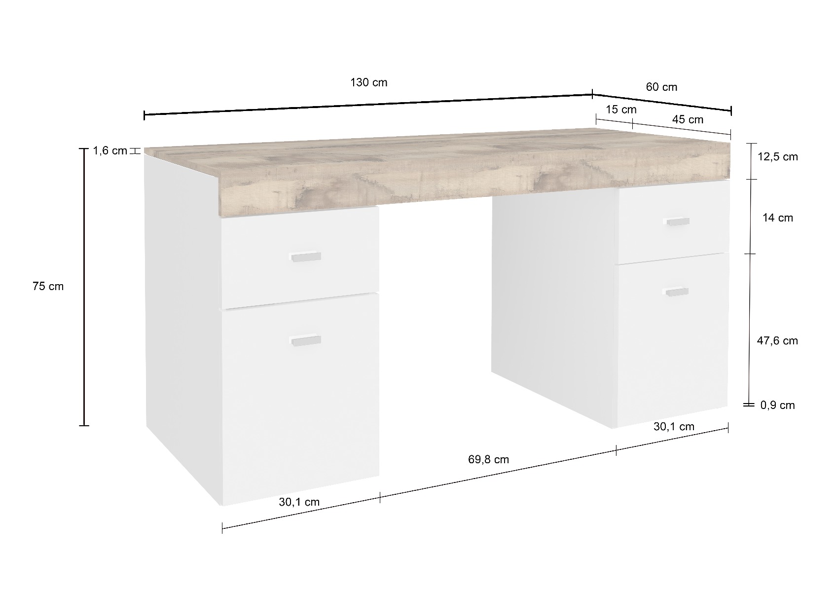 Scrivania 2 ante e 2 cassetti bianco lucido e pero, made in Italy