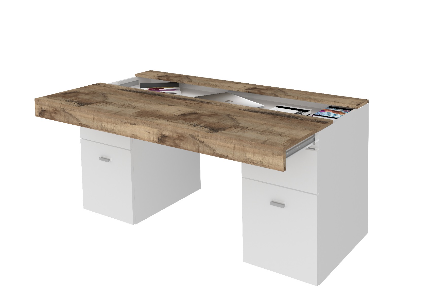 Scrivania 2 ante e 2 cassetti bianco lucido e pero, made in Italy