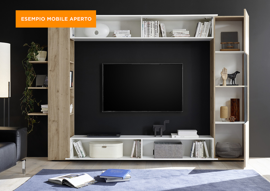 Parete soggiorno design soggiorno Zenzero  finitura bianco lucido e rovere Cadiz