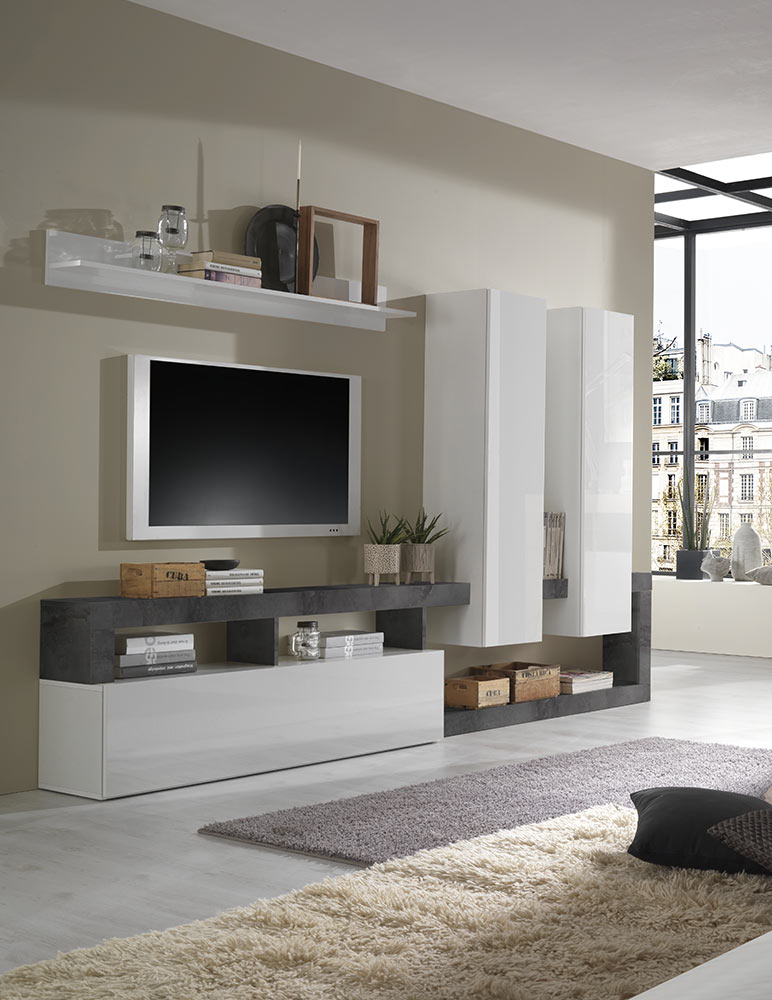 Soggiorno di design composto da parete attrezzata e madia a 3 ante in finitura bianco e ossido