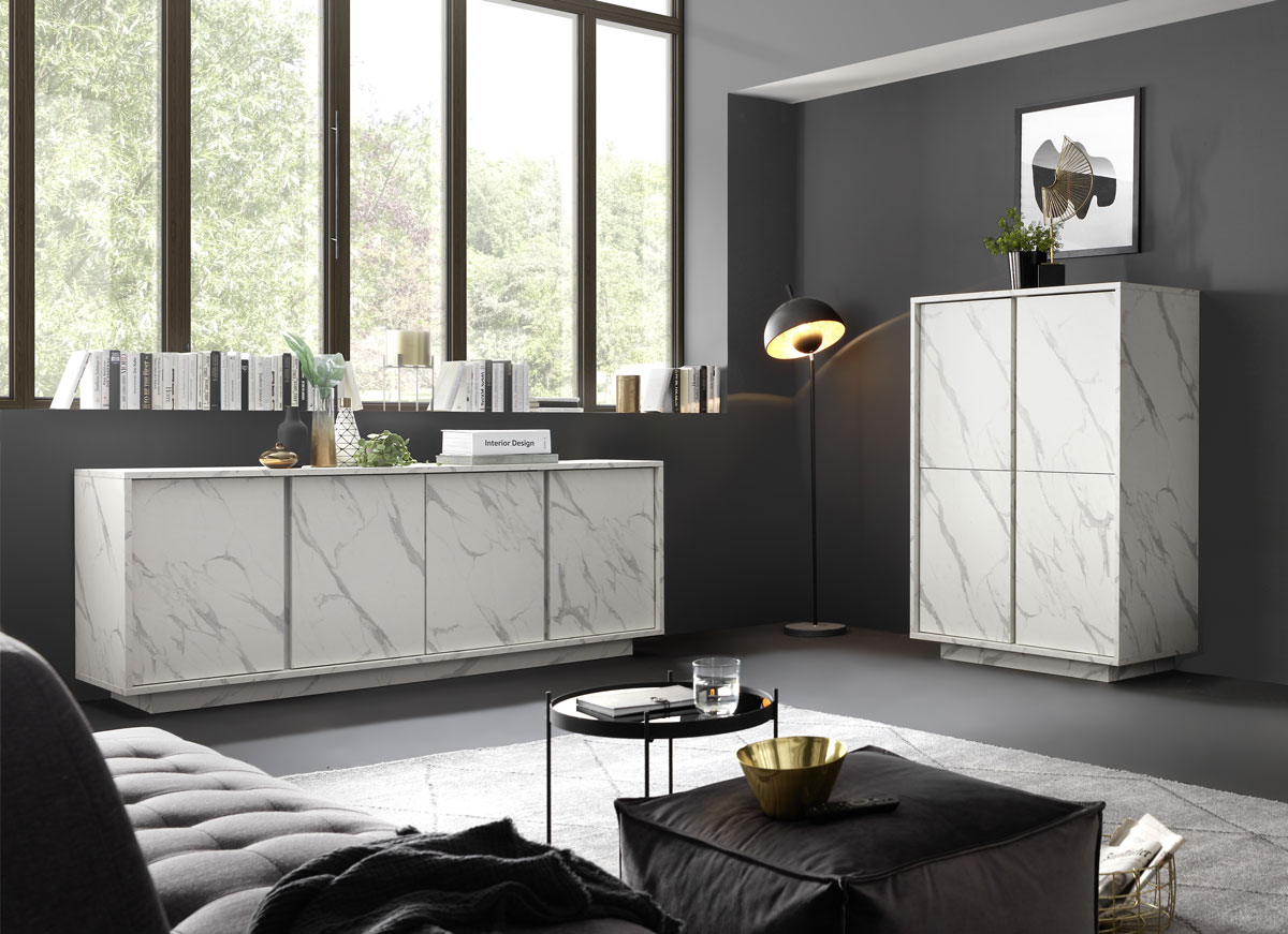 Sala moderna, effetto Marmo Bianco di Carrara, 2 Madie 4 ante