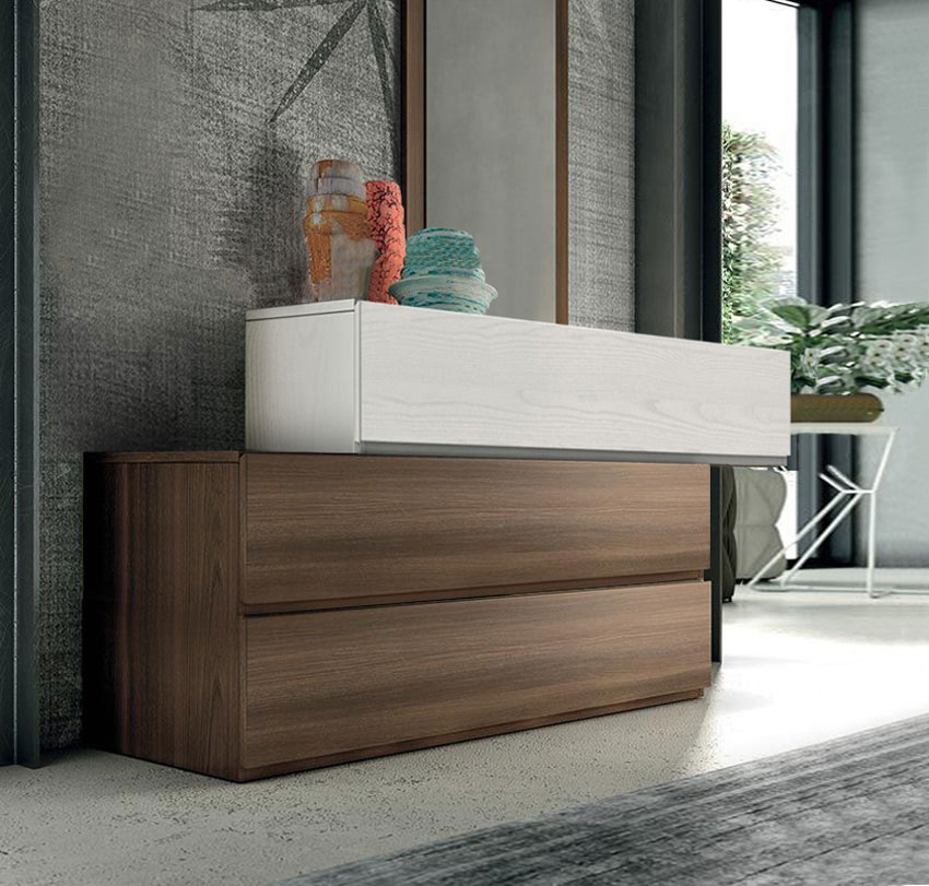 Comò particolare largo con 3 cassetti sfalsati di alta qualità in finitura Frassinato bianco e Quercia brown