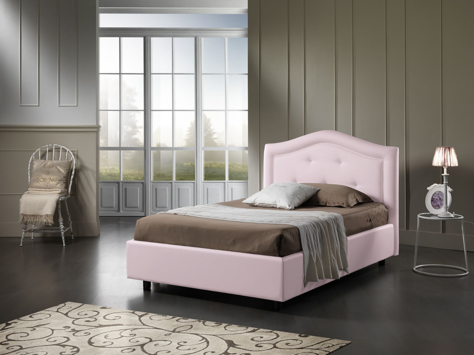 Letto una piazza e mezza Orchidea, in ecopelle colore Rosa