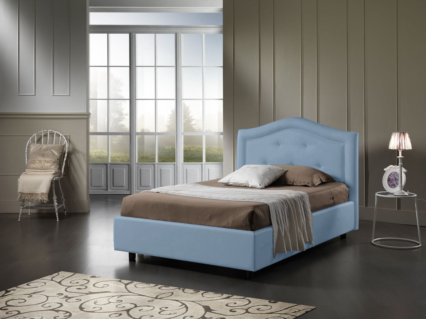 Letto una piazza e mezza Orchidea, in ecopelle colore Azzurro