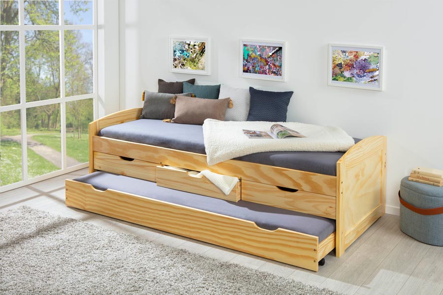 Letto con secondo letto ad estrazione e cassetti contenitore