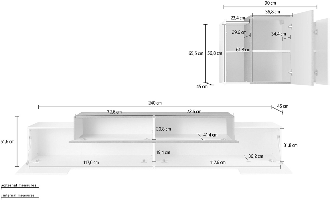 Porta Tv con pensile sospeso Bianco lucido e Cemento