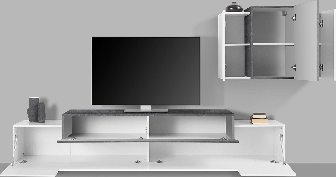 Porta Tv con pensile sospeso in finitura Bianco lucido e Ardesia 