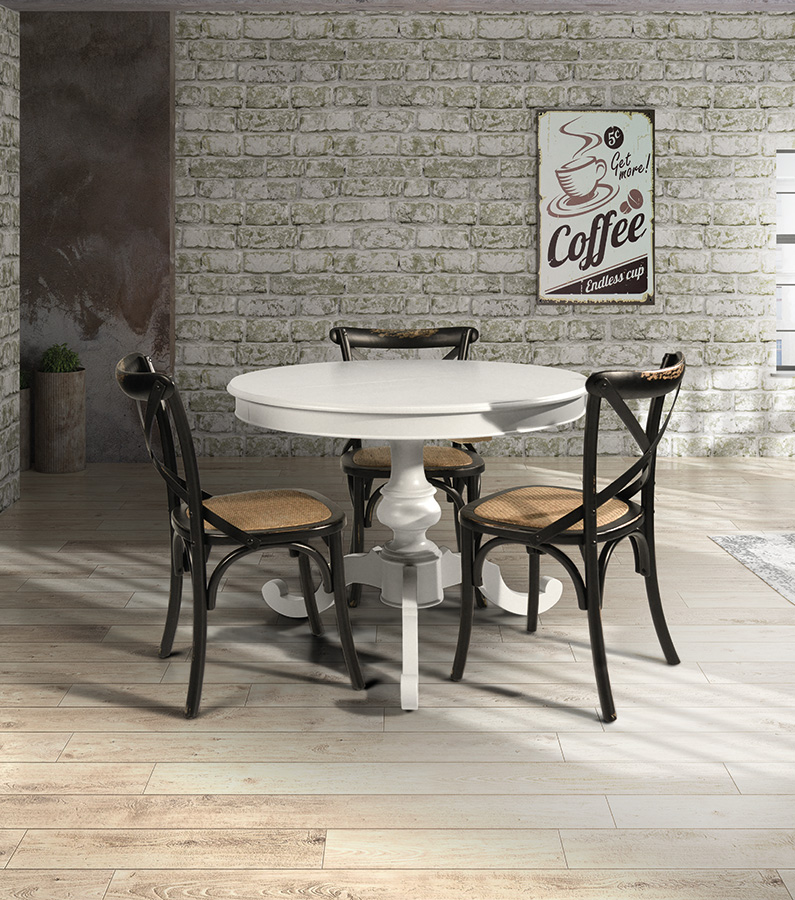 Tavolo rotondo allungabile in legno, bianco opaco, stile industry