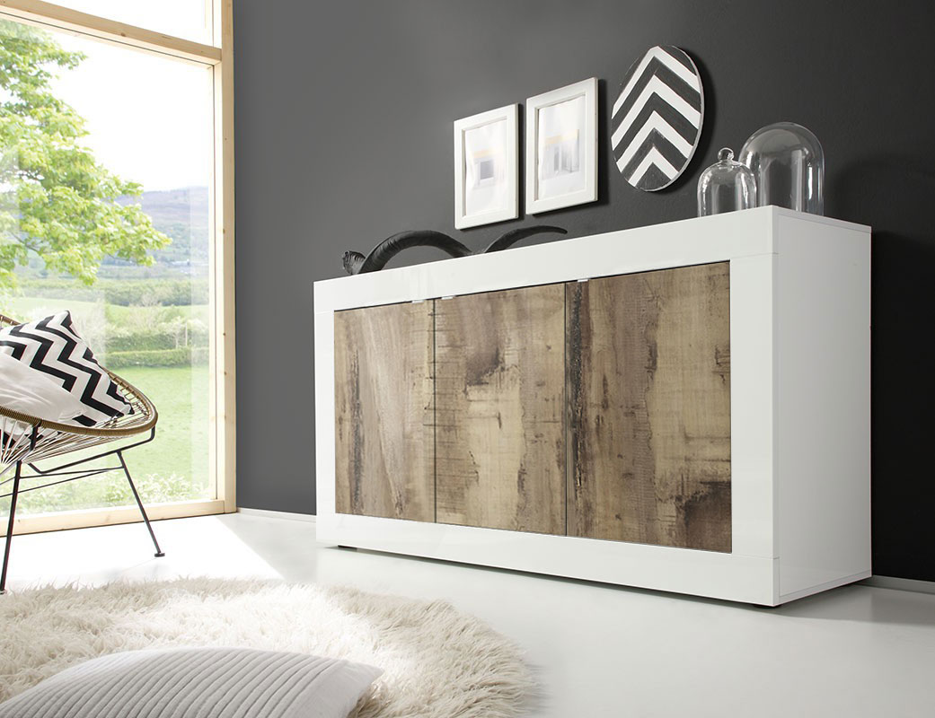 Credenza Moderna, Madia Bianca Lucida con 3 ante in finitura Pero