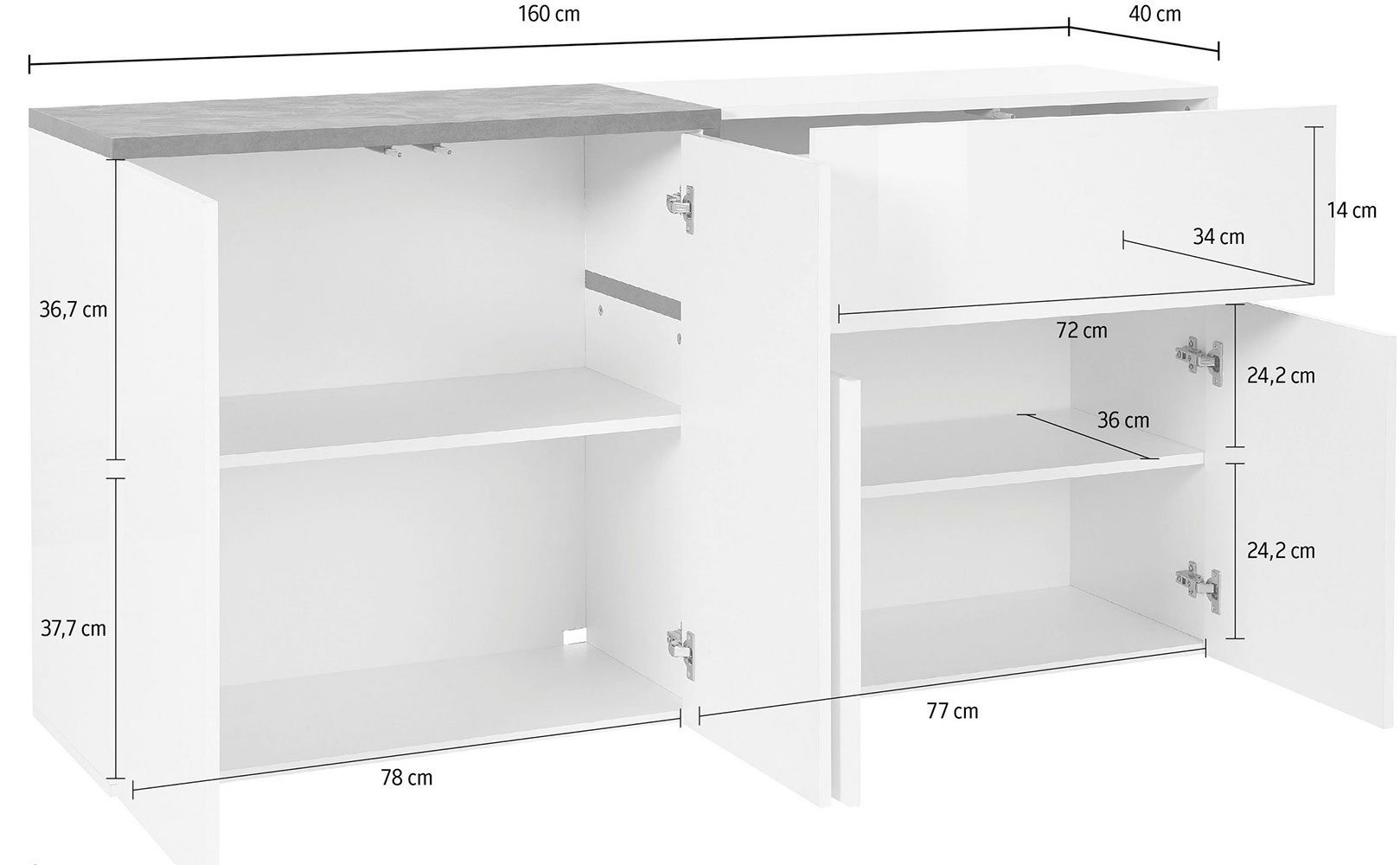 Madia moderna con 4 ante e 1 cassetto in finitura Bianco lucido e Ardesia 